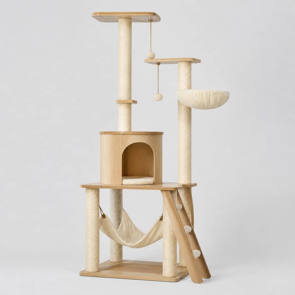 Arbre à chat haut avec niche et hamac sur fond neutre