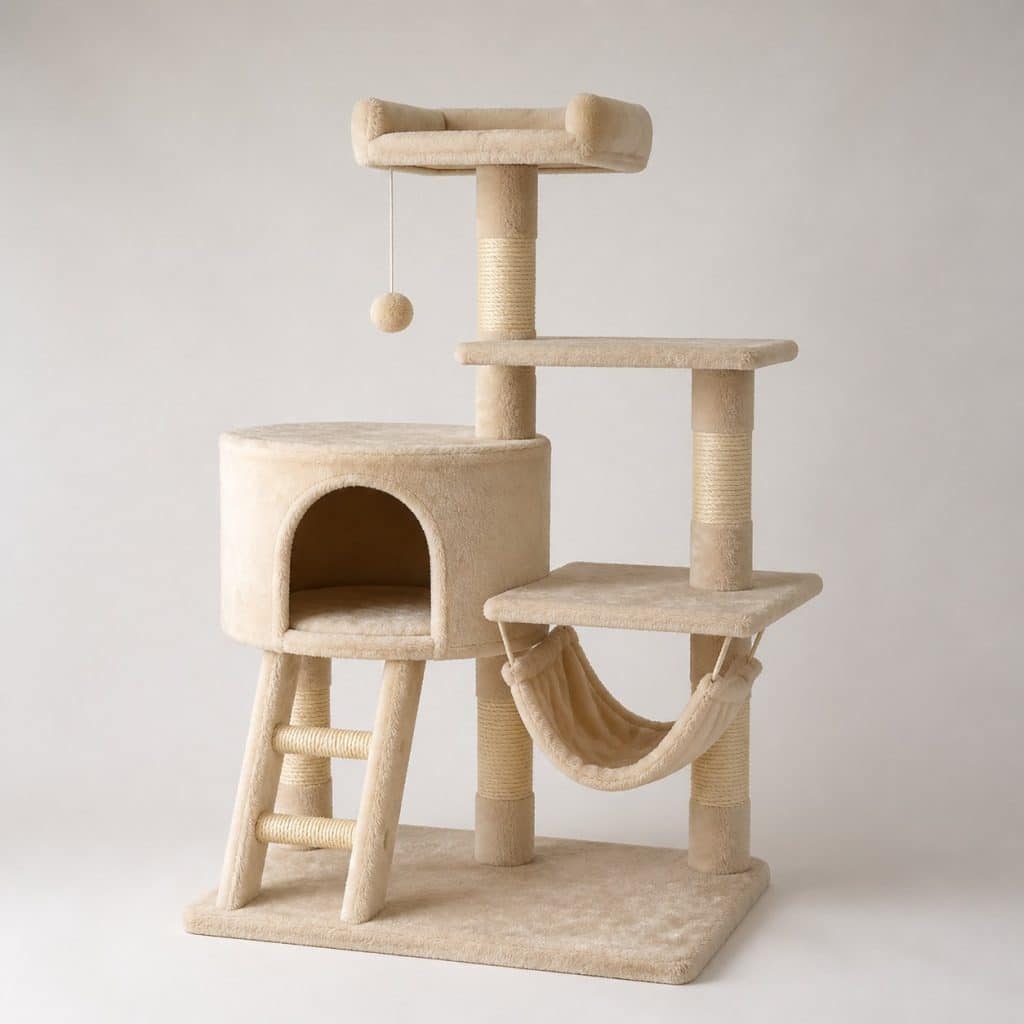 Arbre à chat moyen format avec hamac et niche sur fond neutre