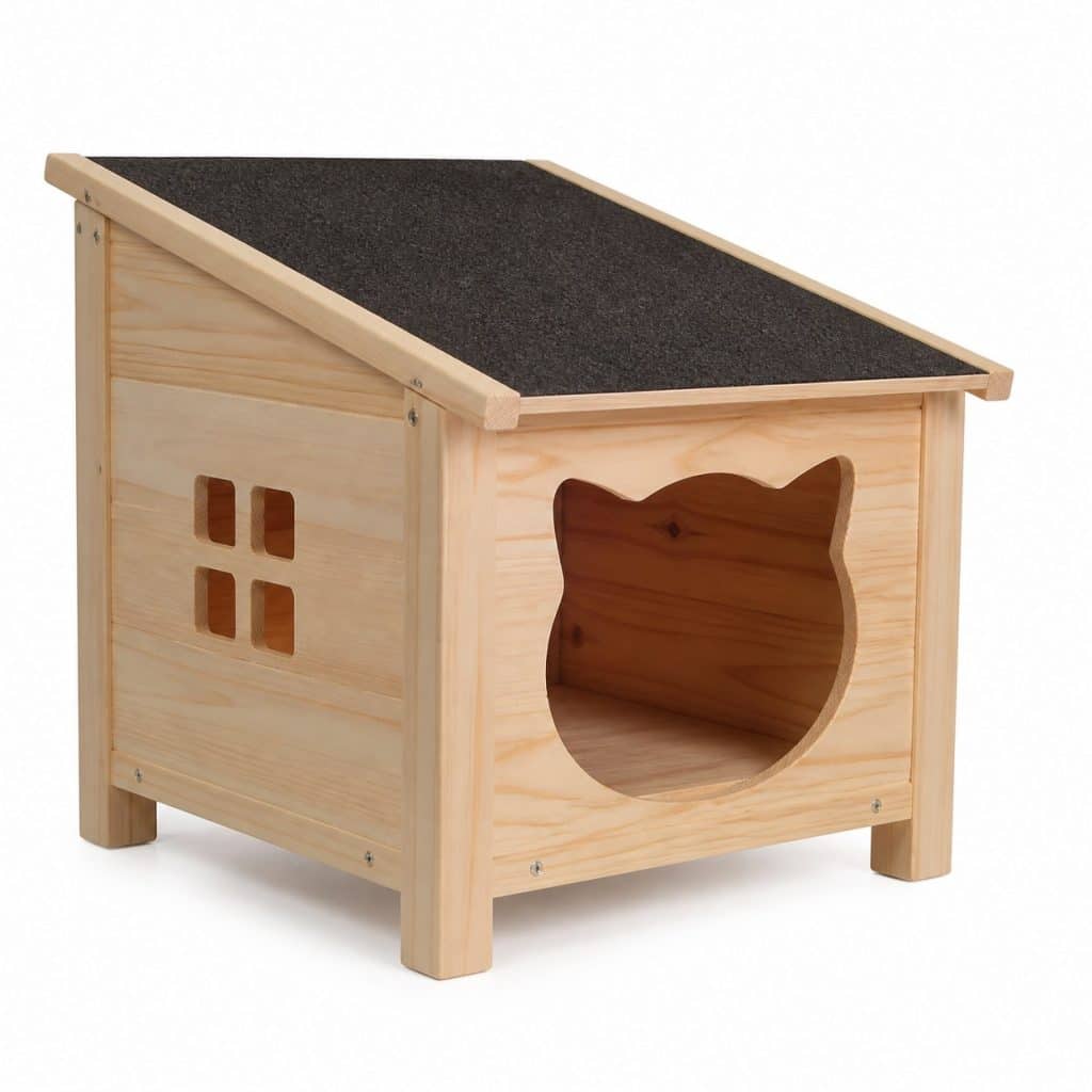Cabane extérieure en bois pour chat, vue de face sur fond neutre