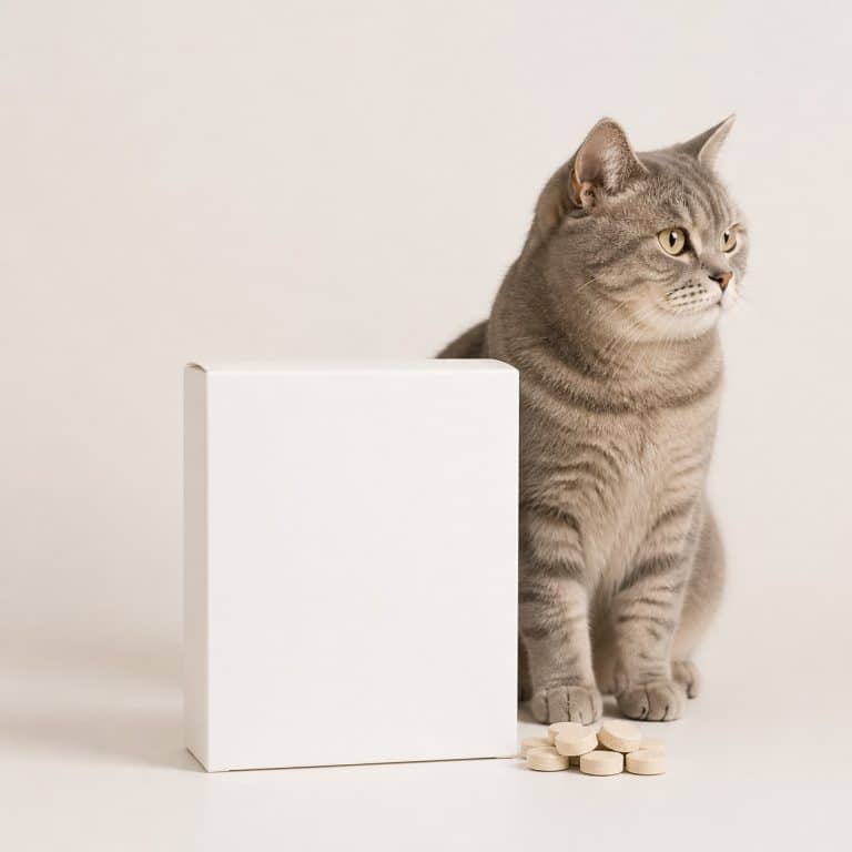 Boîte de comprimés vitaminés pour chat senior posée sur fond neutre