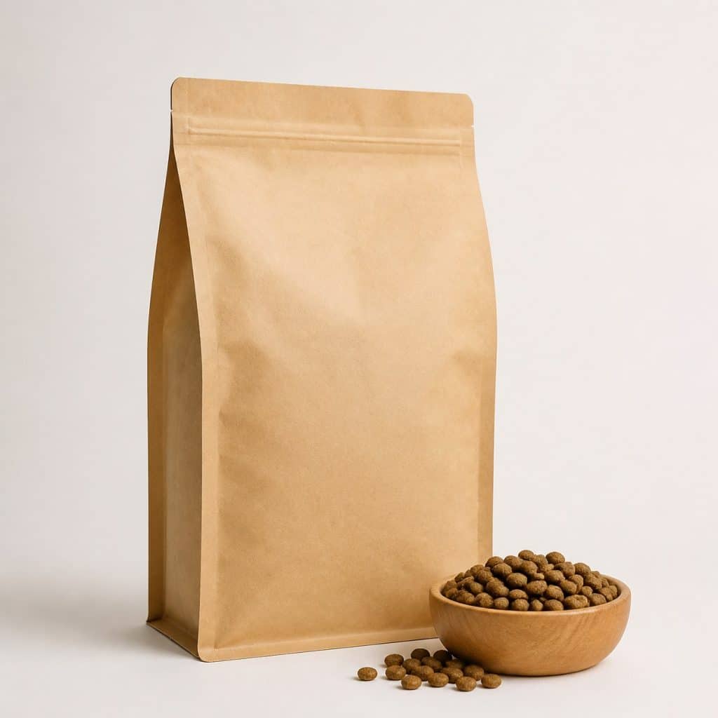 Sac de croquettes biologiques pour chat posé sur fond neutre