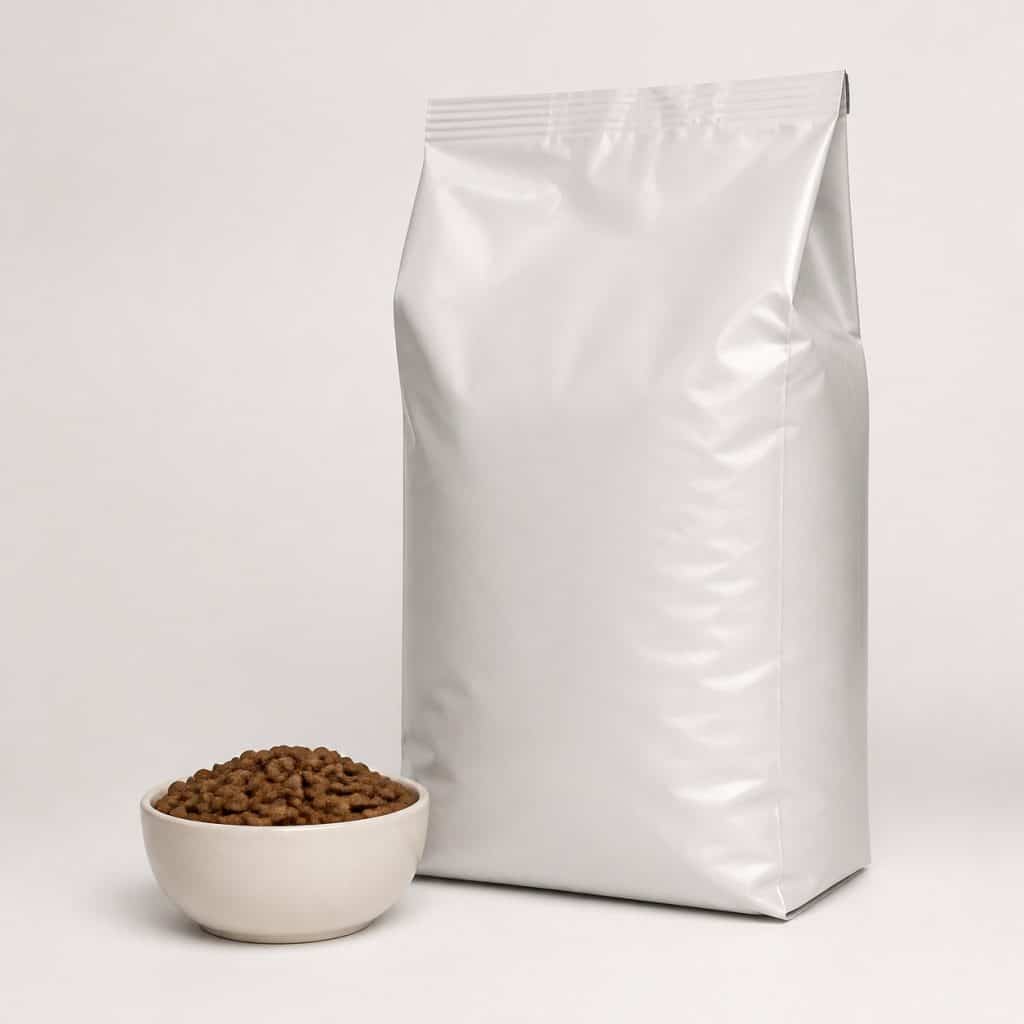 Sac de croquettes du quotidien pour chat posé sur fond neutre