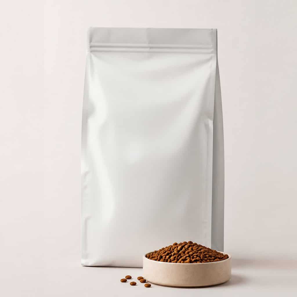 Sac de croquettes sans céréales pour chat posé sur fond neutre