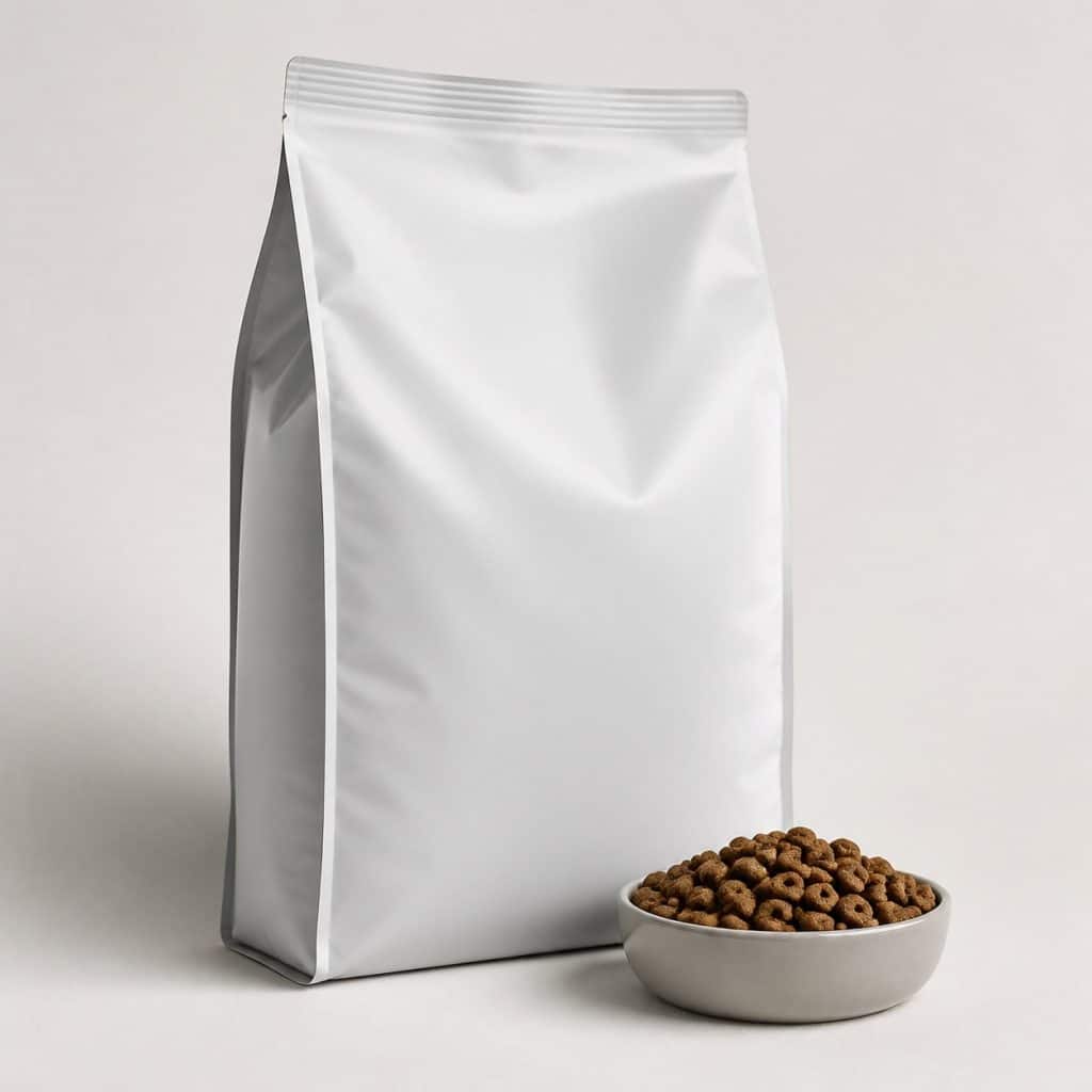Sachet de croquettes pour chat senior posé sur fond neutre