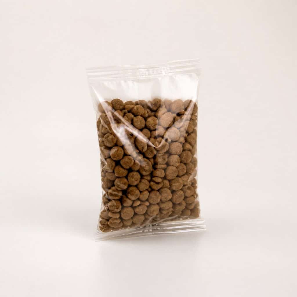 Sachet de croquettes senior au poulet posé sur fond neutre