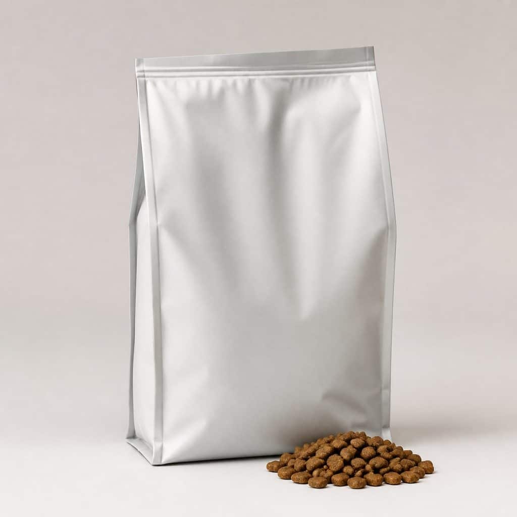 Sachet de croquettes pour chat senior stérilisé posé sur fond neutre