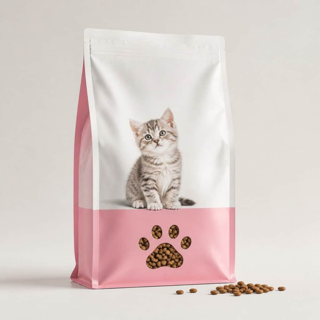 Sac de croquettes pour chaton British Shorthair posé sur fond neutre
