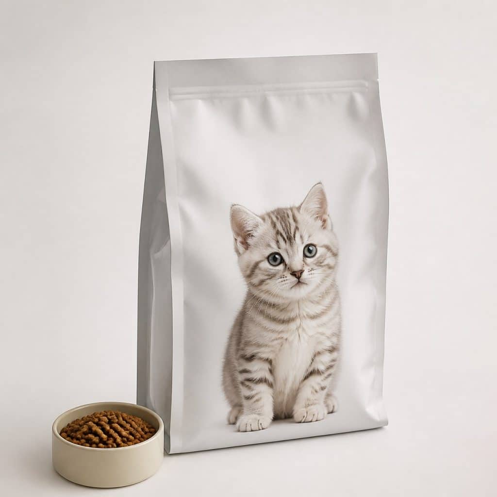 Sac de croquettes de croissance pour chaton posé sur fond neutre