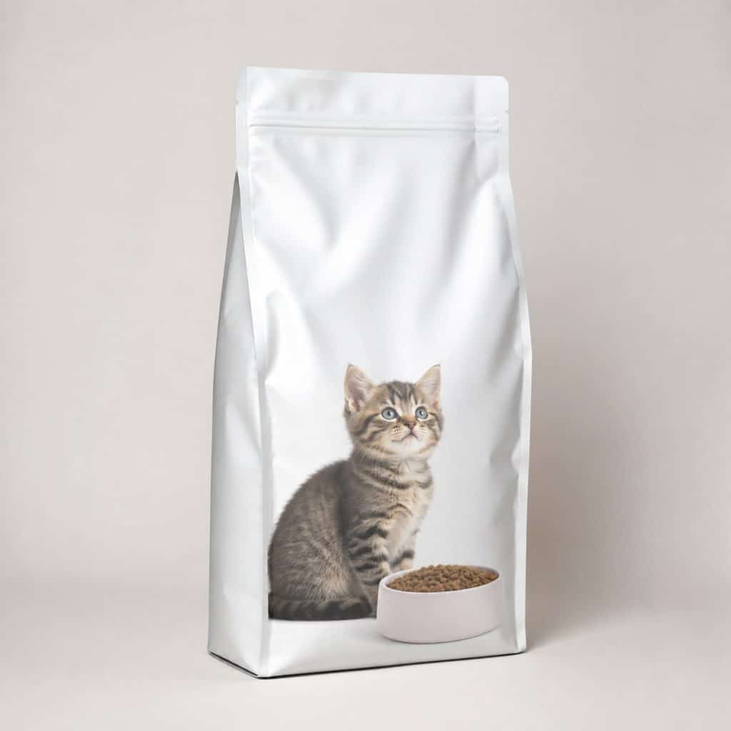 Sac de croquettes sans céréales pour chaton posé sur fond neutre
