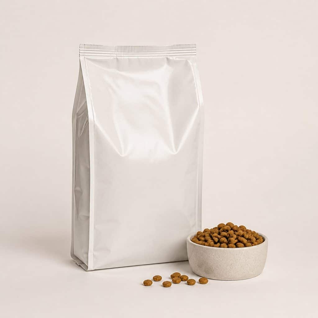 Sac compact de croquettes pour chaton stérilisé posé sur fond neutre