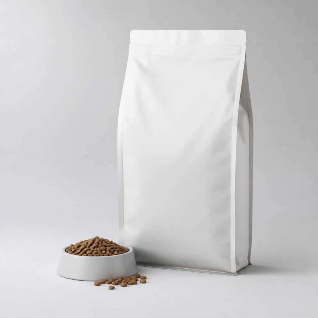 Sac de croquettes premium riche en viande fraîche pour chat posé sur fond neutre