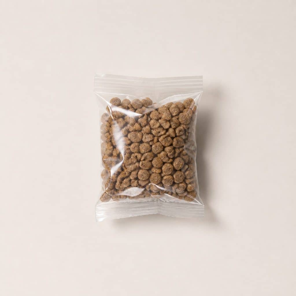 Petit sachet échantillon de croquettes pour chat posé sur fond neutre