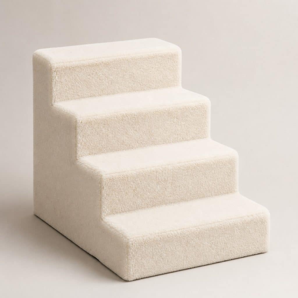 Escalier en mousse pour chat senior posé sur fond neutre
