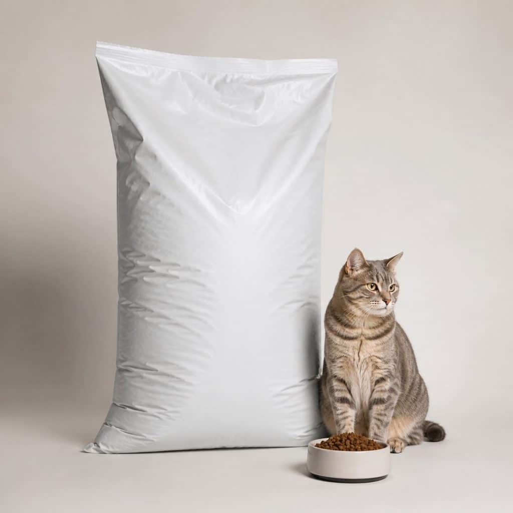 Grand sac de croquettes pour chat de 20 kg posé sur fond neutre