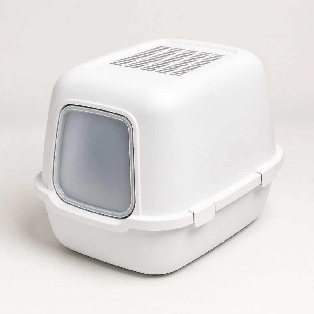 Maison de toilette fermée à filtre carbone, vue de face sur fond neutre