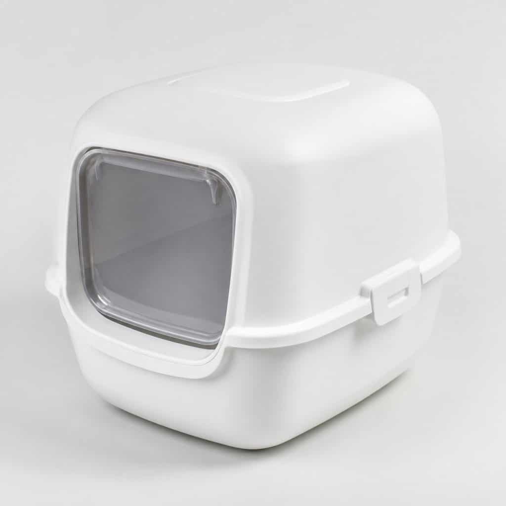 Maison de toilette à porte battante, vue de face sur fond neutre