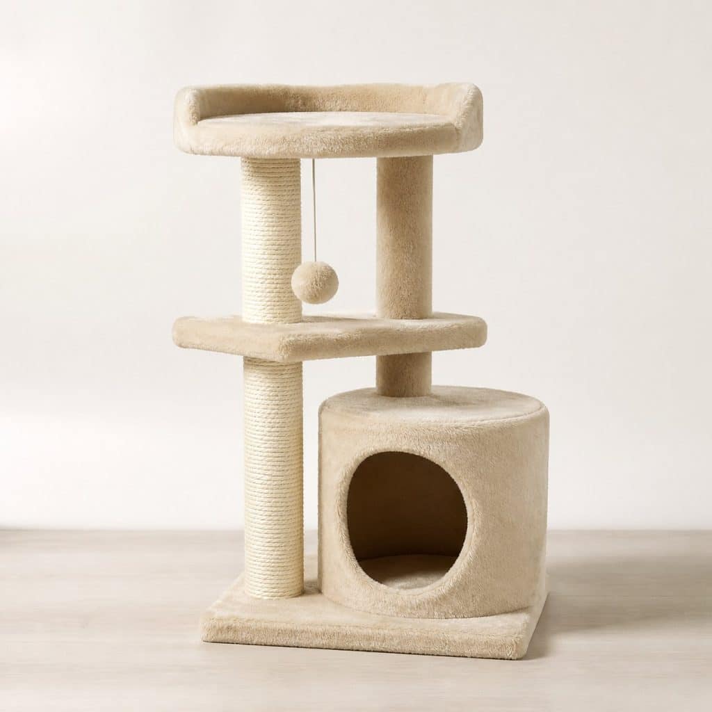 Mini arbre à chat avec niche sur fond neutre