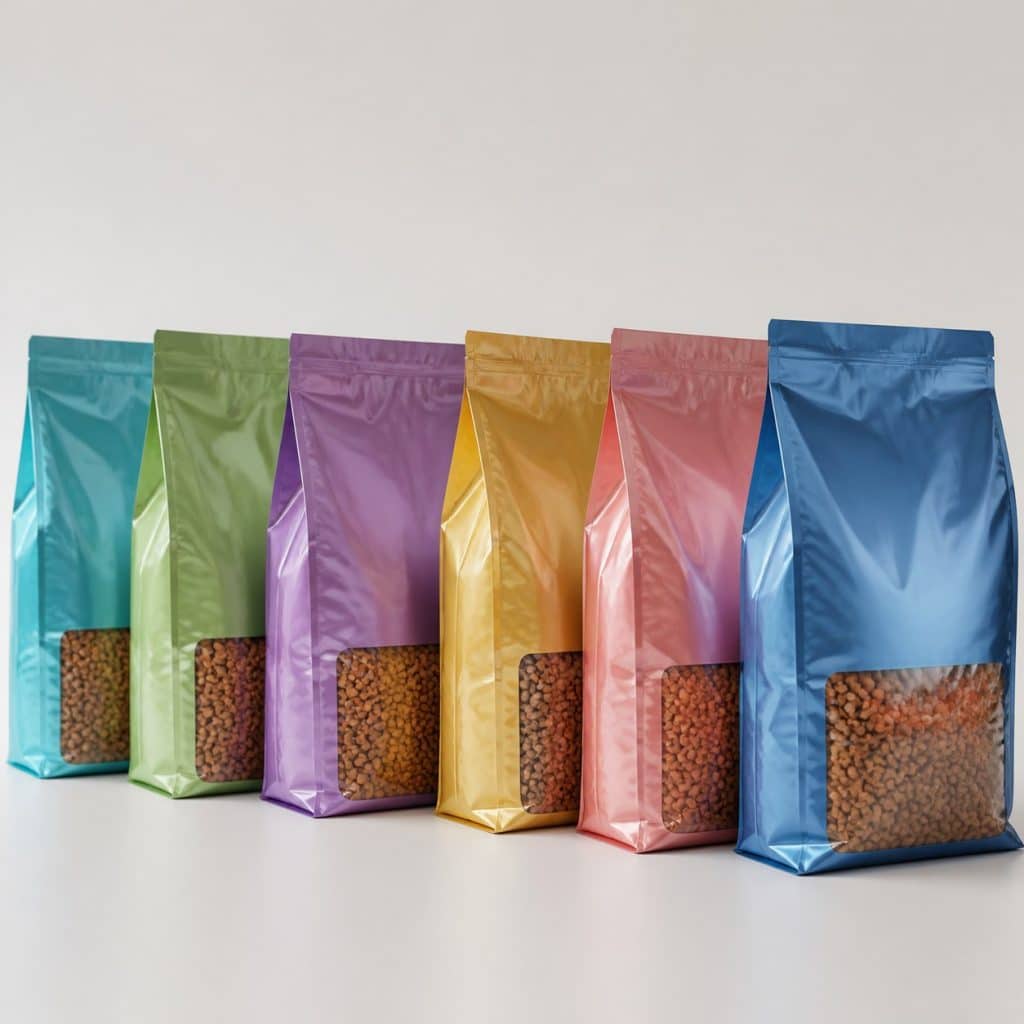 Lot de plusieurs sacs de croquettes pour chat alignés sur fond neutre
