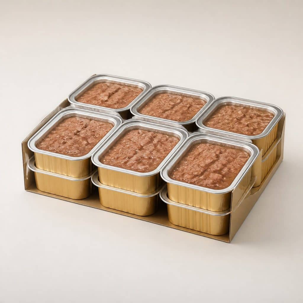 Multipack de portions de pâtée pour chat posé sur fond neutre