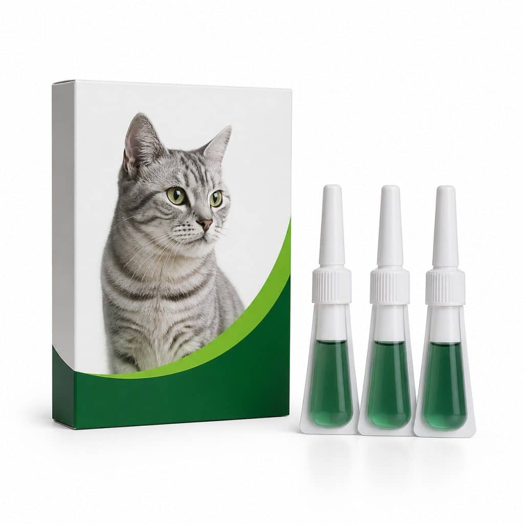 Boîte de pipettes antiparasitaires pour chat sur fond blanc