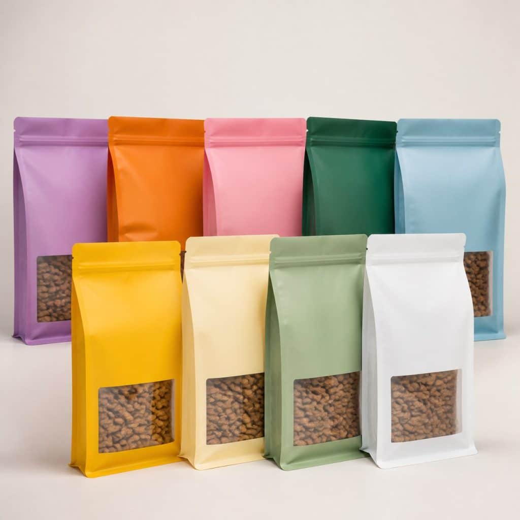 Assortiment de sachets pour chat posés sur fond neutre
