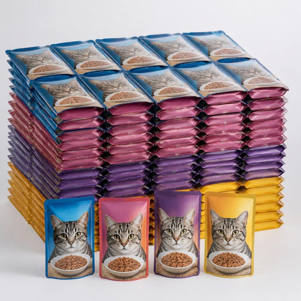 Grand multipack de sachets pour chat empilés sur fond neutre