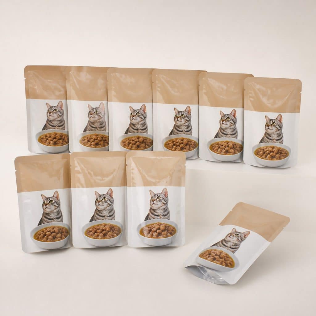 Sachets fraîcheur en sauce pour chat stérilisé posés sur fond neutre
