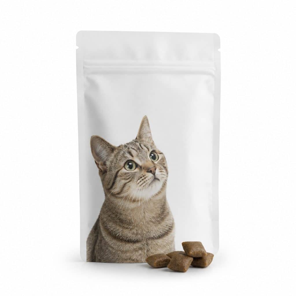 Sachet de friandises vermifuges pour chat photographié en studio sur fond blanc