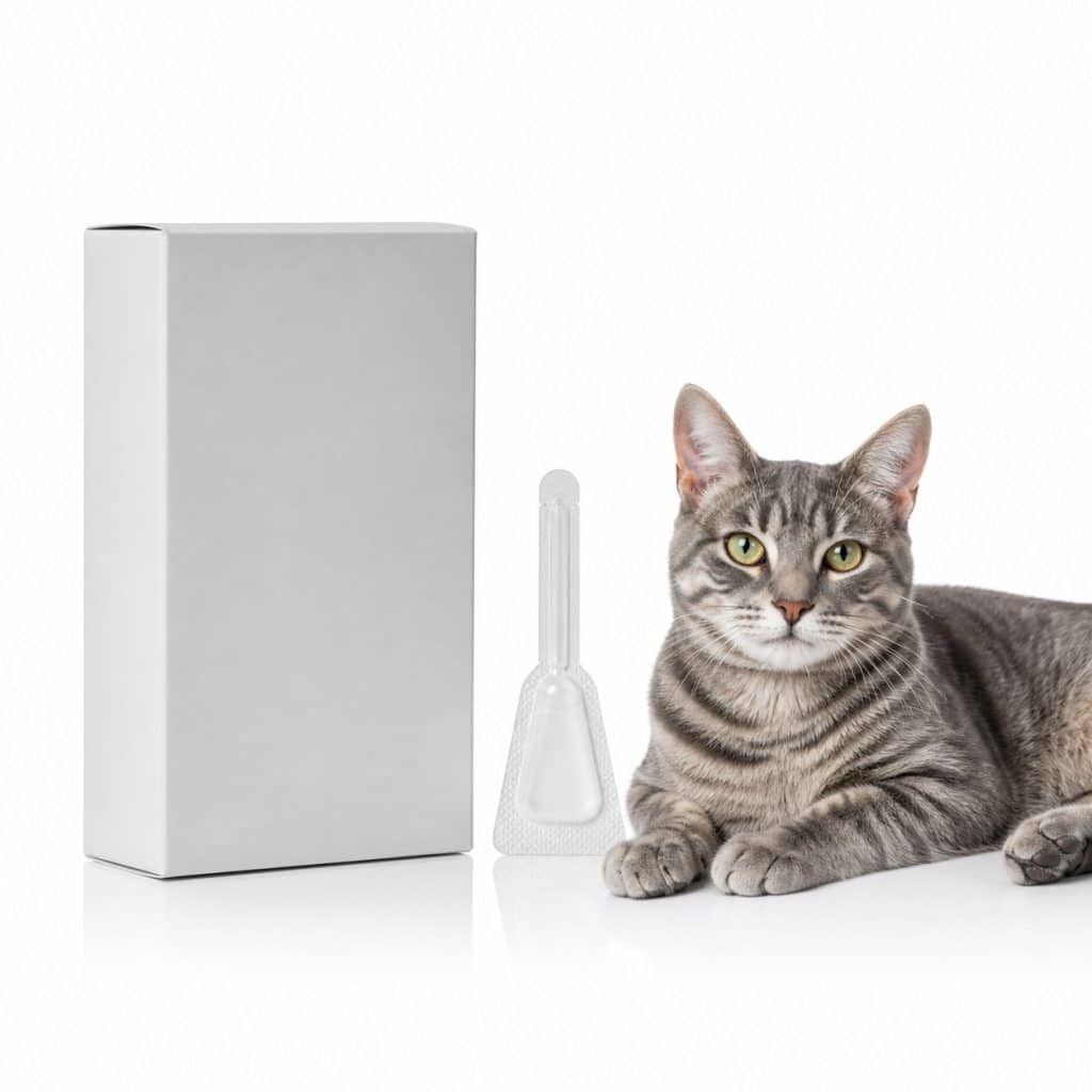 Boîte et pipette vermifuge pour chat adulte, présentation packshot