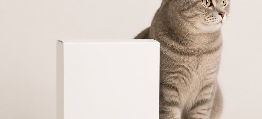 Boîte de comprimés vitaminés pour chat senior posée sur fond neutre
